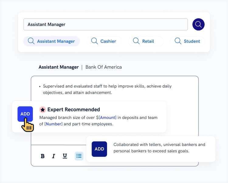 A view from the Zety resume generator presenting the process of completing the work experience section and an assortment of pre-written resume descriptions suggested for the specific role.