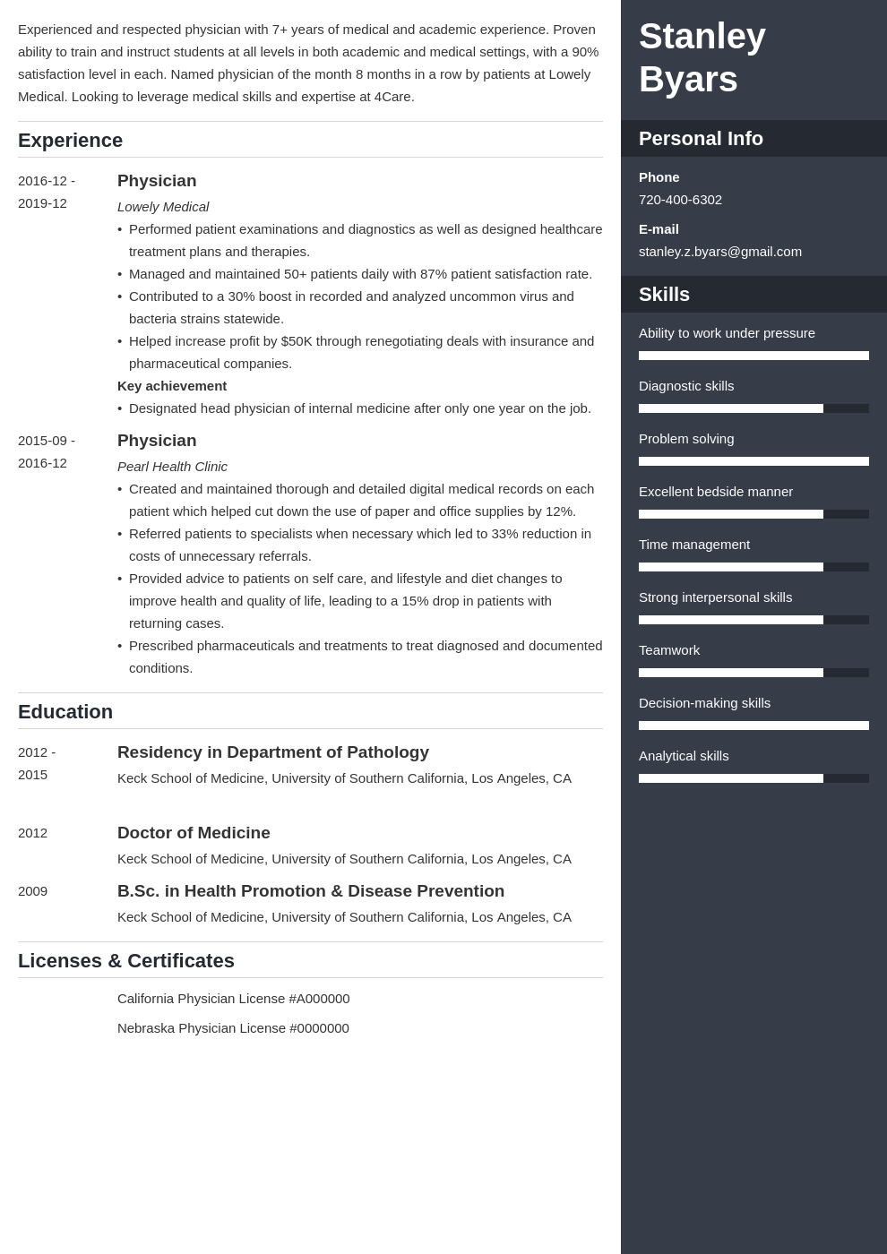 Physician CV example